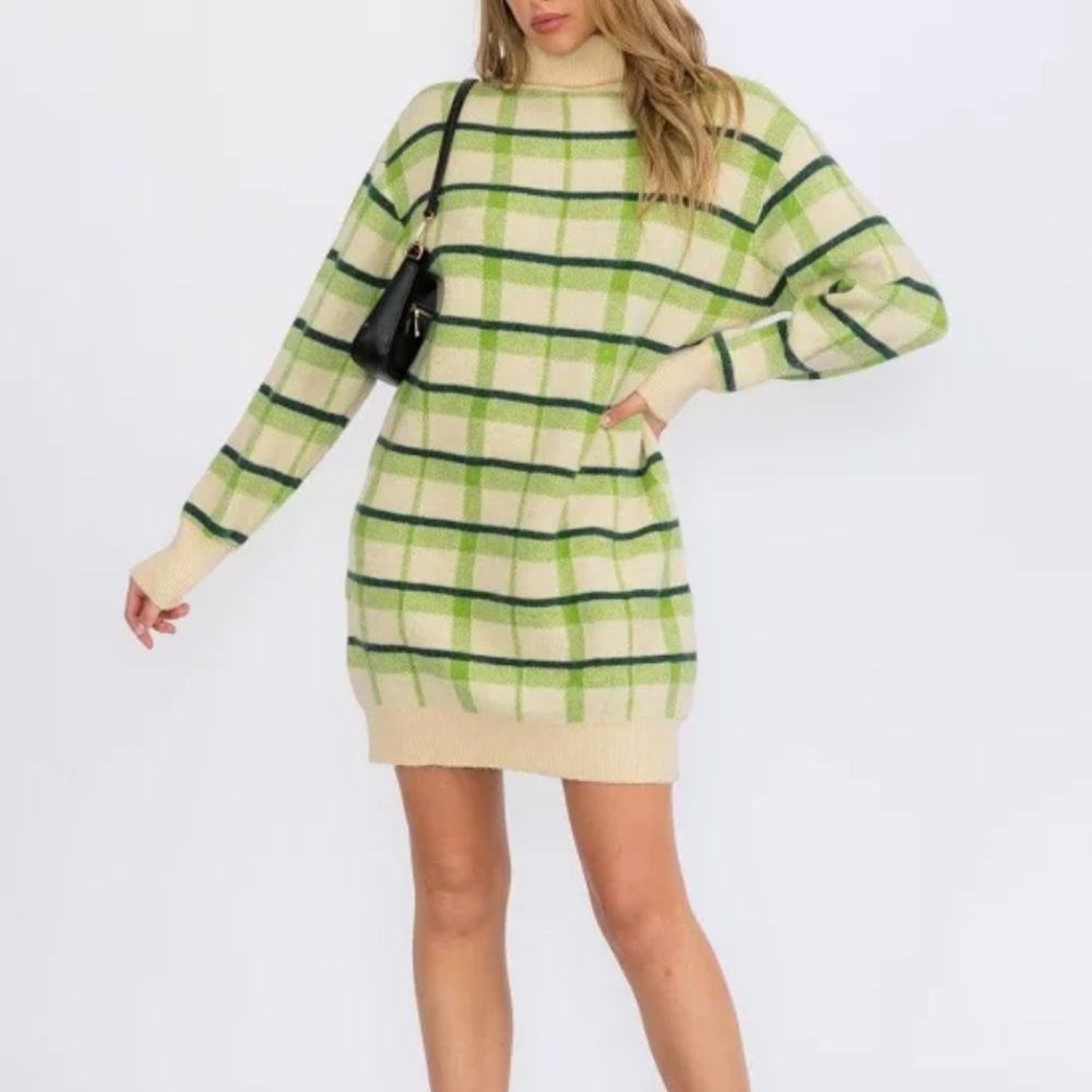 Adora Green Plaid Turtleneck Sweater Dress